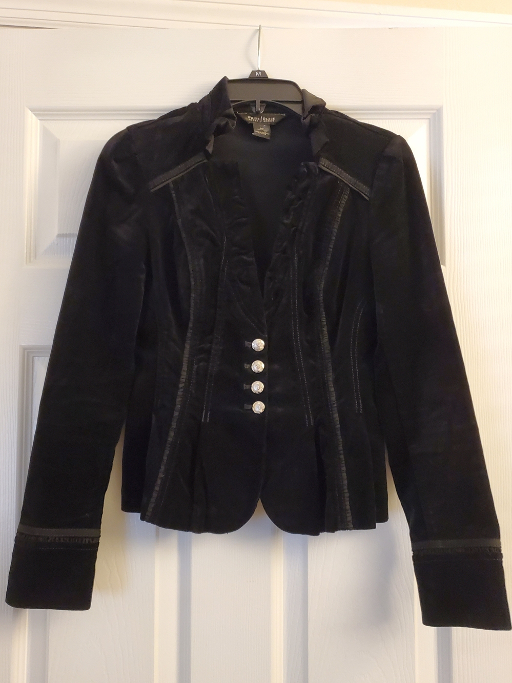 White House Black Market Black Velvet Fitted Blazer with Decorative Buttons